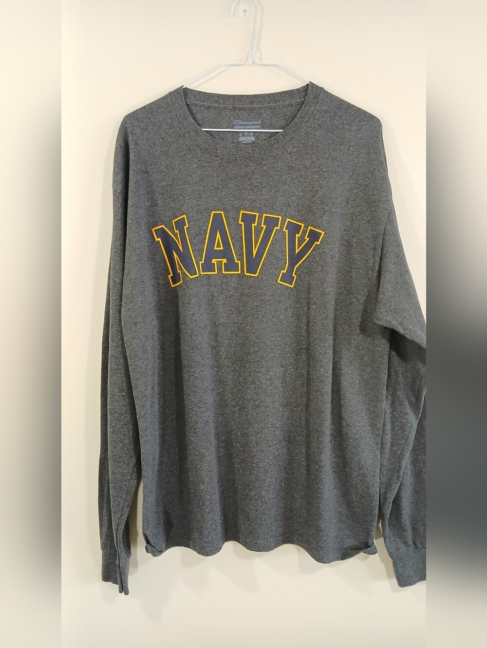 Champion 'NAVY' Long Sleeve Graphic Crew Neck Tee Size Large Gray Athletic Shirt